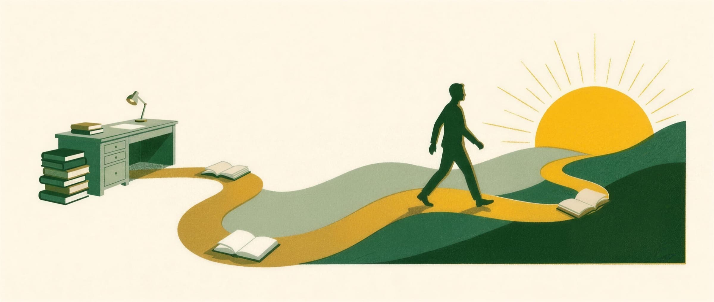 Illustration of a person walking a path of open books through an archway toward a rising sun