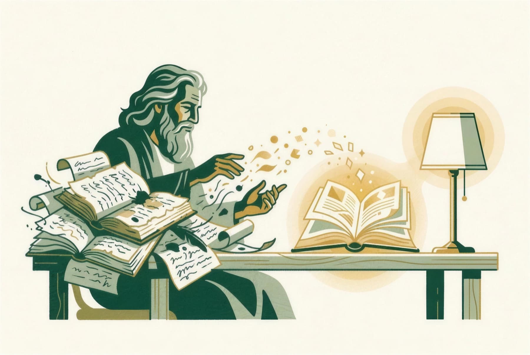 Illustration of a mentor turning a stack of handwritten notes into one glowing structured book