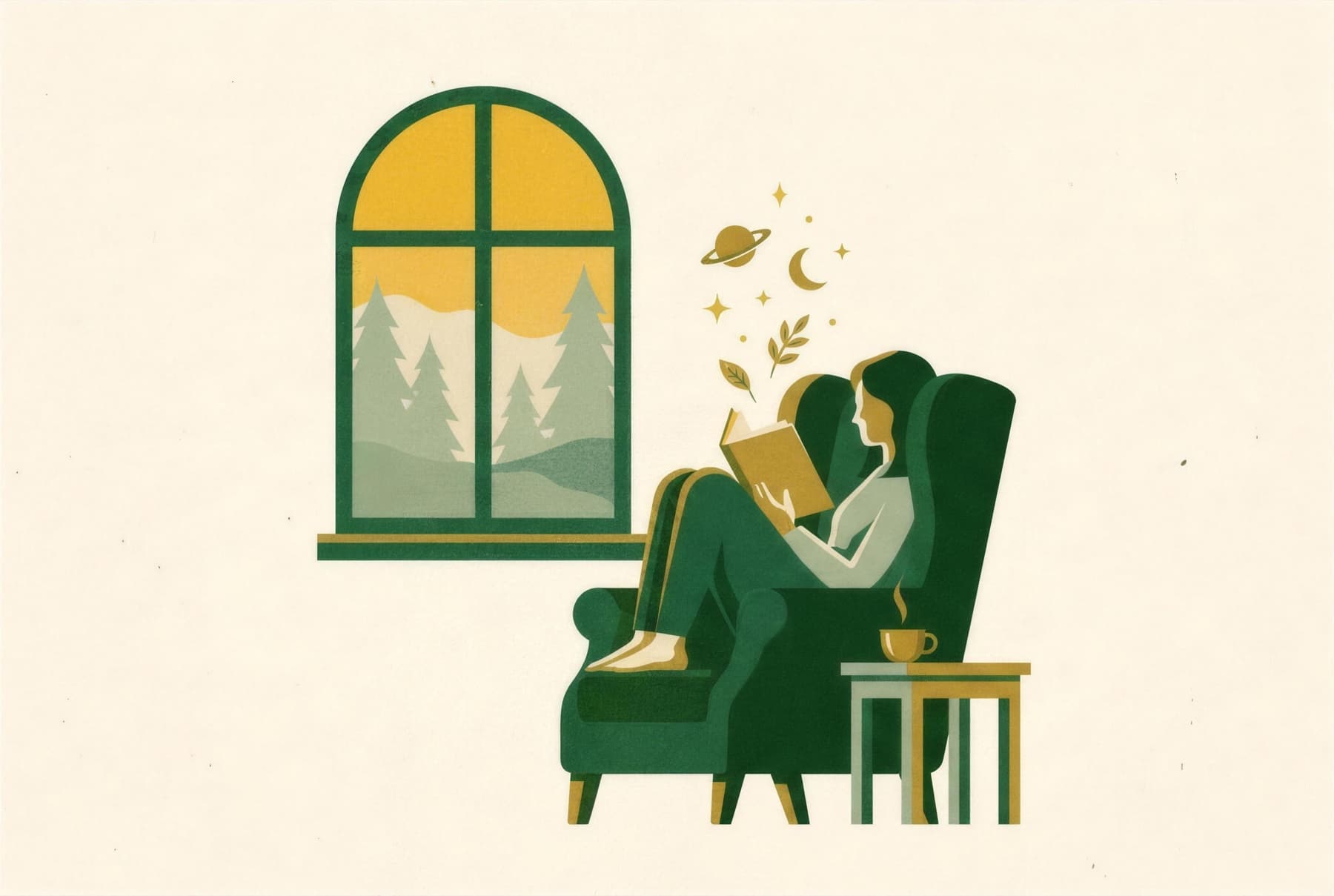 Illustration of a person reading in an armchair by a window, ideas rising from the open book
